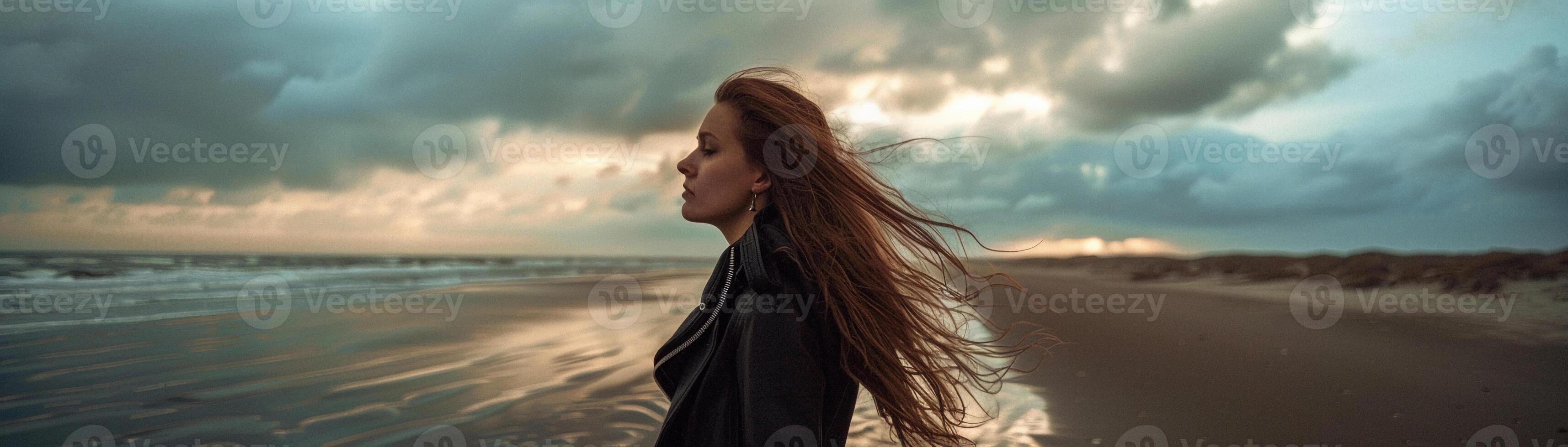 AI generated Reflective Mood, a selfie with the beach and cloudy sky in the background, convey a more contemplative or introspective mood, generative AI photo