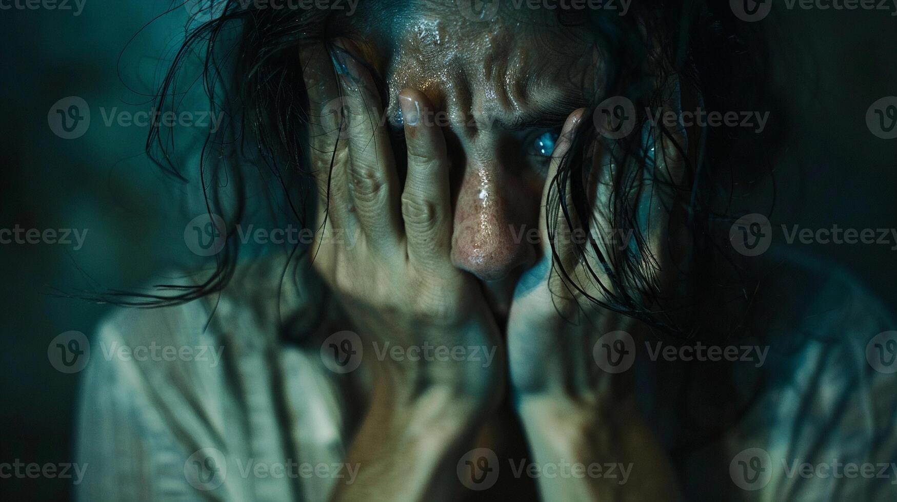 AI generated Emotional Turmoil, close-up shot of the woman covering her face with her hands, conveying a sense of deep sadness and emotional distress, generative AI photo
