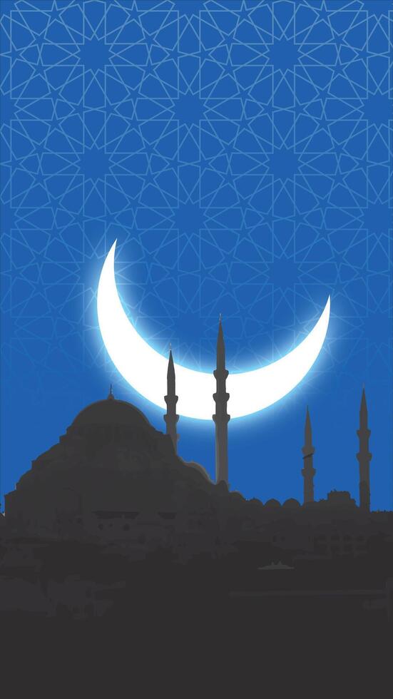 Islamic vertical concept vector. Silhouette of a mosque and crescent moon with islamic pattern. Ramadan or laylat al-qadr or kadir gecesi concept. vector