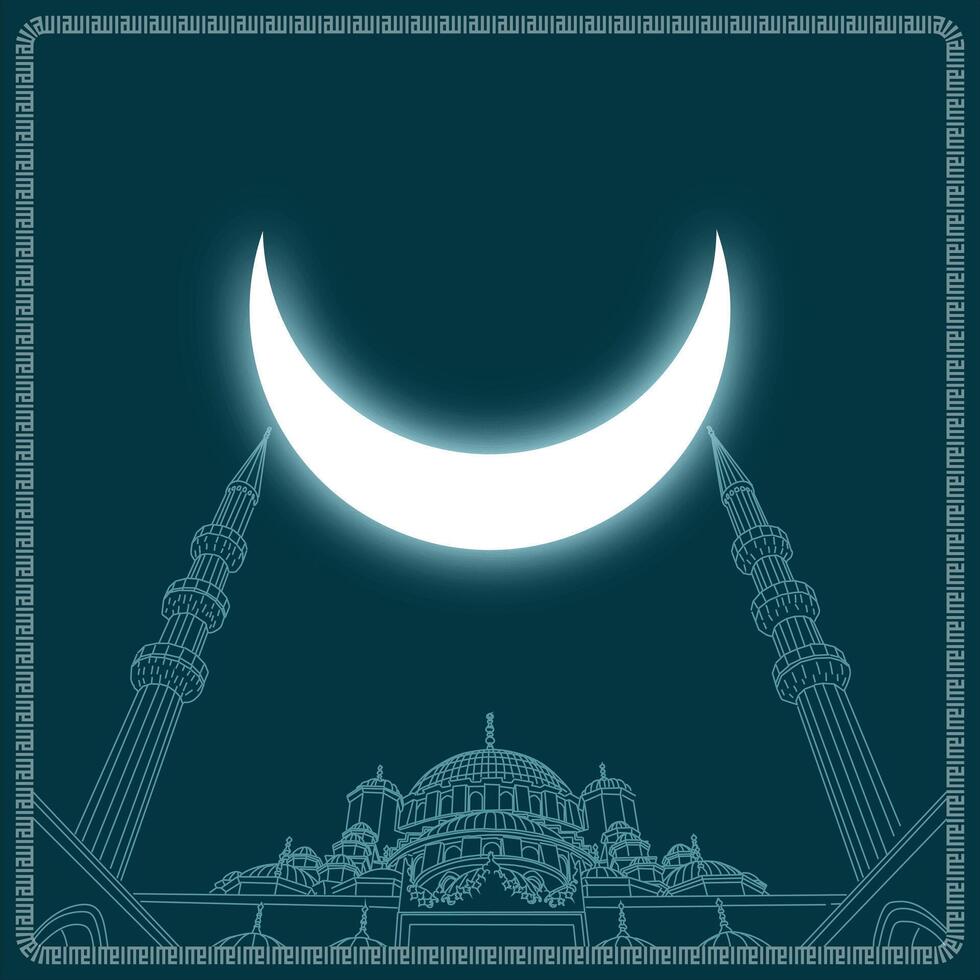 Islamic background. Drawing of a mosque with crescent moon. Ramadan kareem or laylat al-qadr or kadir gecesi or eid mubarak concept. vector