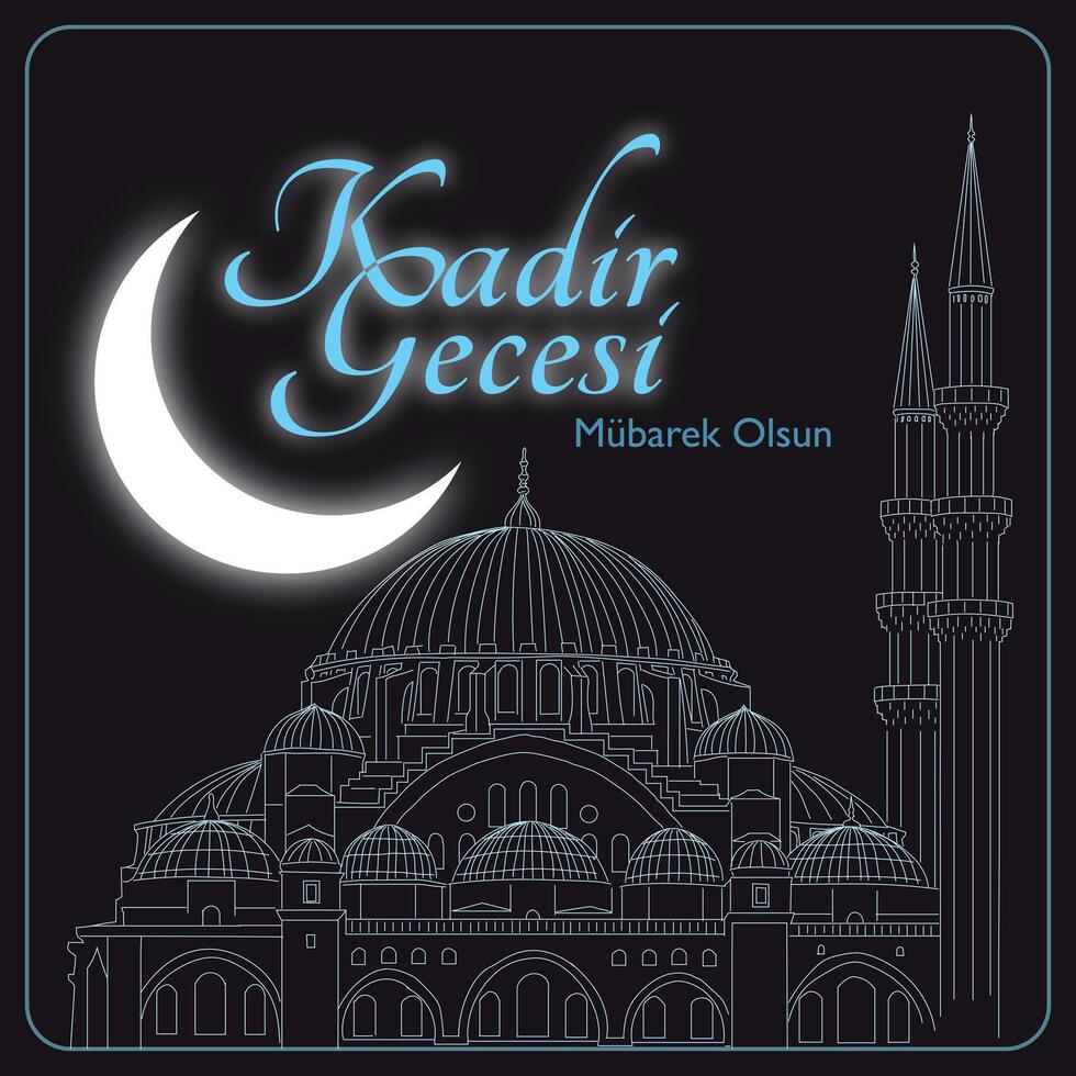 Kadir Gecesi concept. Mosque and crescent moon. Happy Laylat al-qadr or 27th night of the Ramadan text on design. vector
