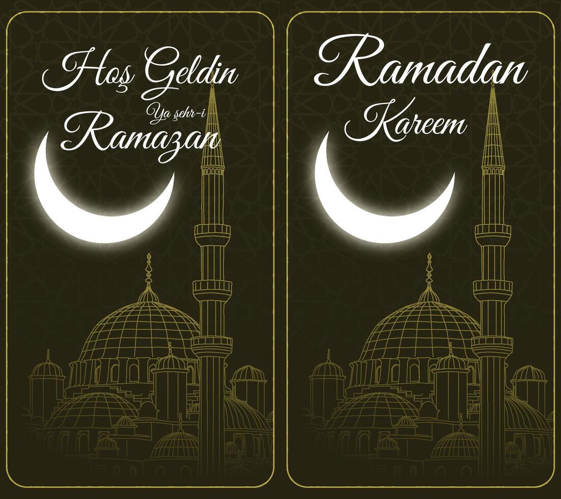 hos geldin ramazan o Ramadán kareem concepto vector. eminonu nuevo mezquita y creciente Luna con islámico modelo. vector