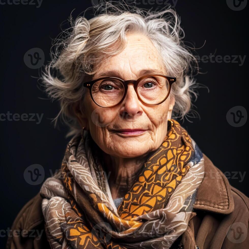 AI generated Portrait of elderly woman looking, isolated on dark background photo