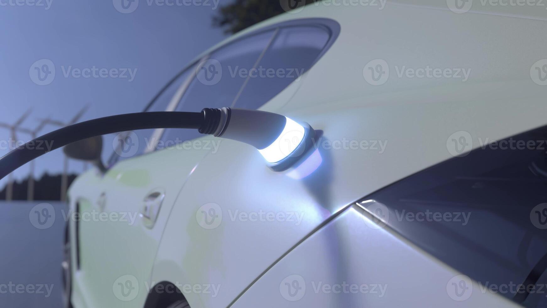 Electric car charging on blue sky background. Car charging on the background of a windmills. Electric car charging on wind turbines background. 3d illustration photo