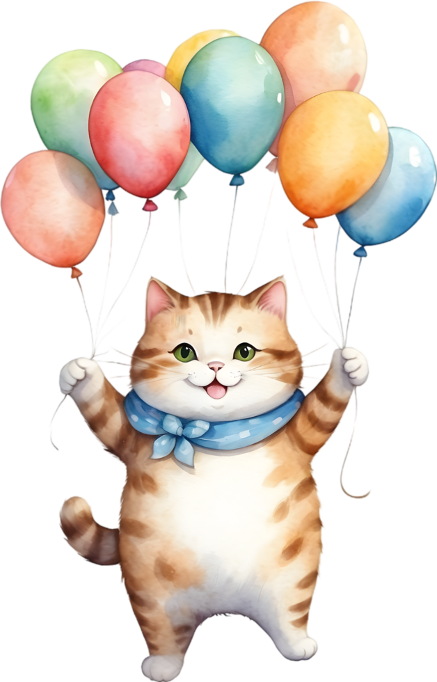 AI generated cat  with balloon  watercolor png