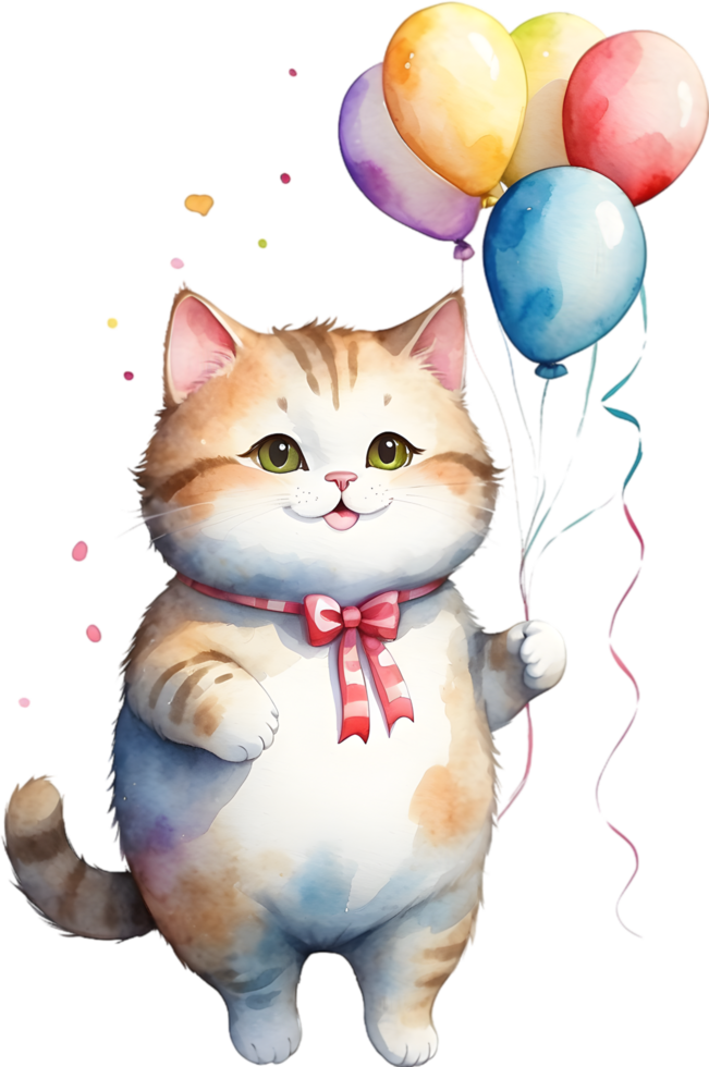 AI generated cat  with balloon  watercolor png