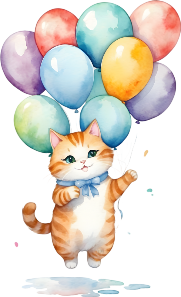 AI generated cat  with balloon  watercolor png