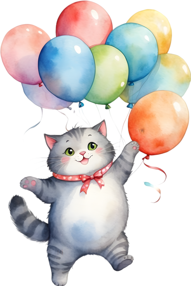 AI generated cat  with balloon  watercolor png