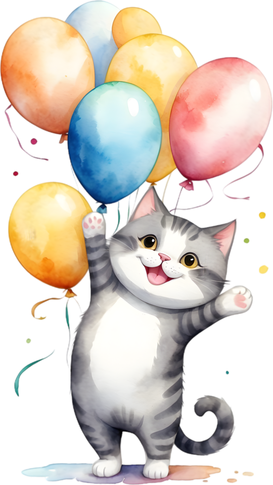 AI generated cat  with balloon  watercolor png