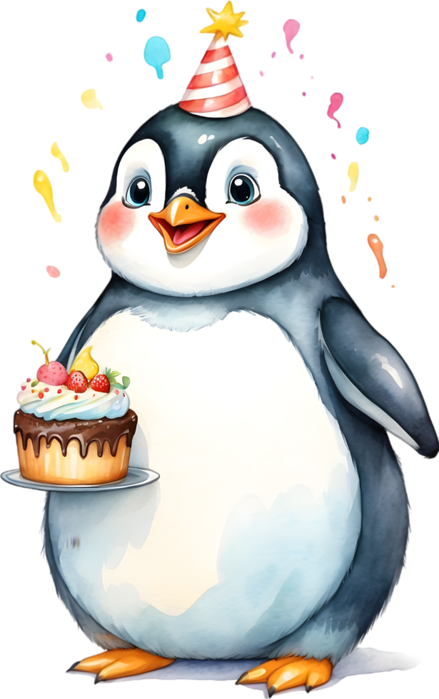 AI generated penguin with cake watercolor png