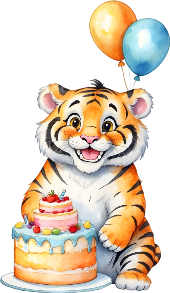 AI generated tiger with cake watercolor png