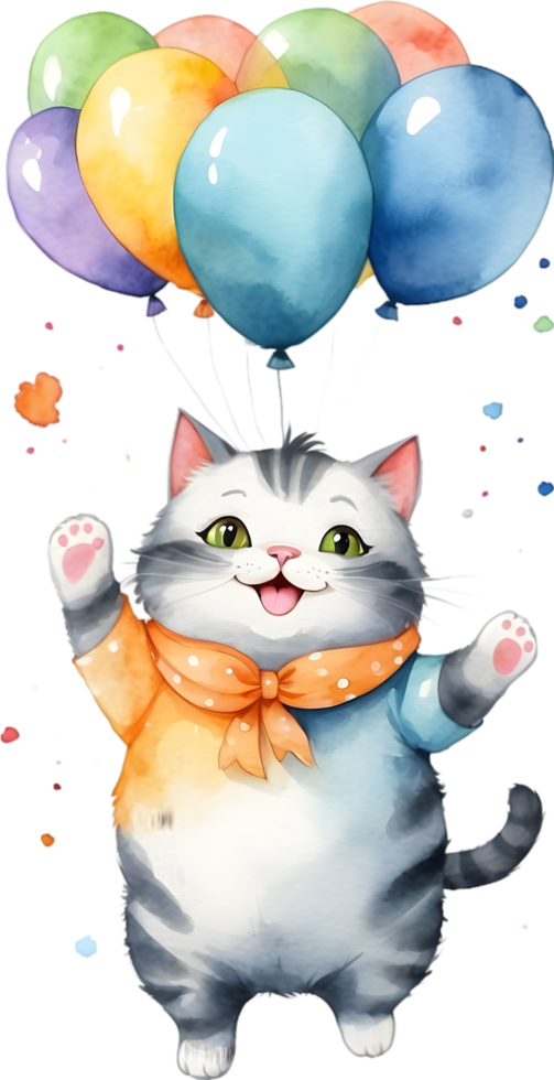 AI generated cat  with balloon  watercolor png
