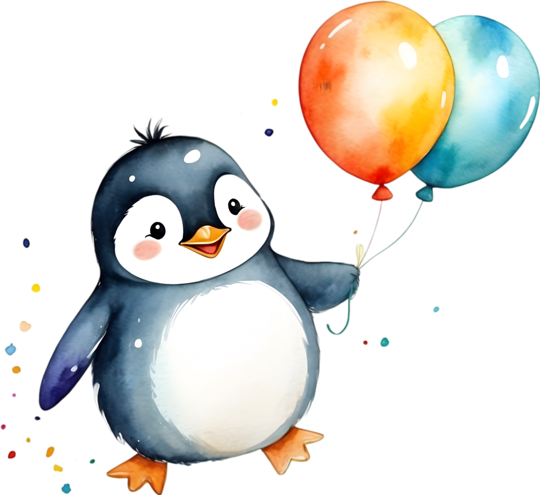 AI generated penguin with balloons watercolor illustration png