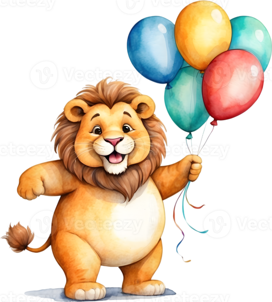 AI generated a cartoon lion holding up balloons on a transparent background png
