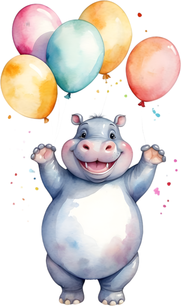 AI generated hippo  with balloon  watercolor png