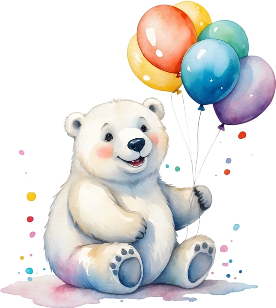 AI generated watercolor illustration of a polar bear holding balloons png