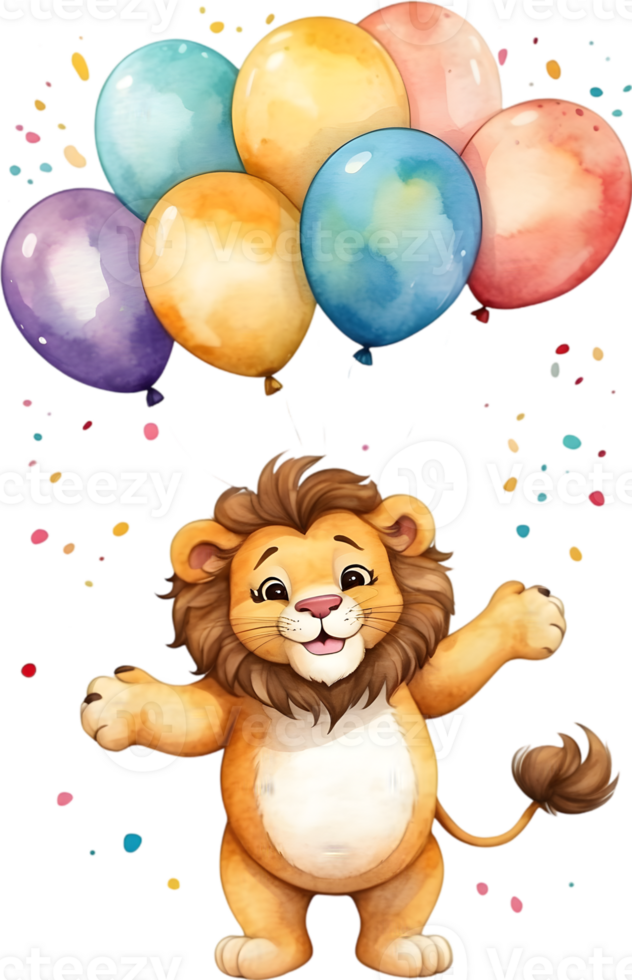 AI generated a cartoon lion holding up balloons on a transparent background png