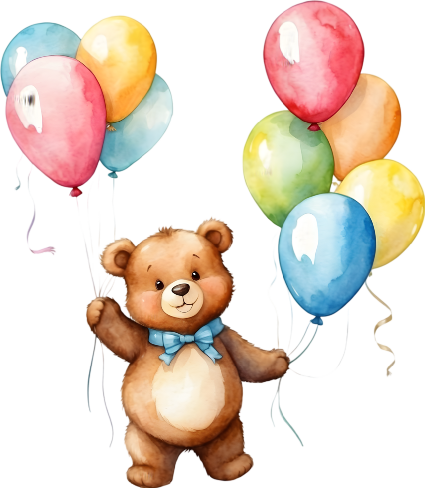 AI generated bear  with balloon  watercolor png