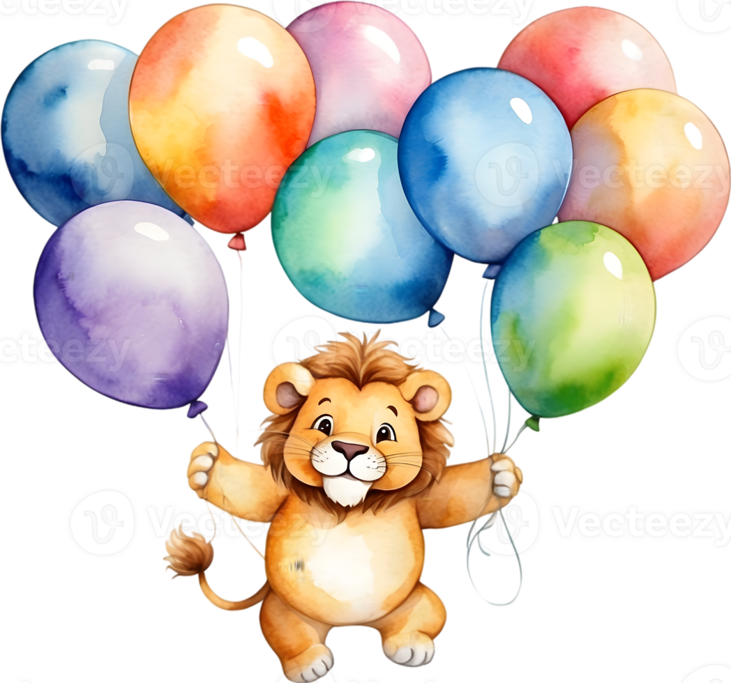AI generated a cartoon lion holding up balloons on a transparent background png