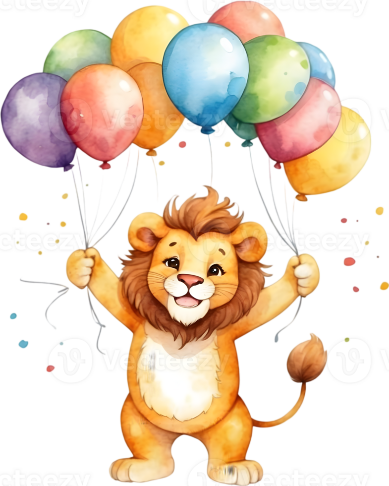 AI generated a cartoon lion holding up balloons on a transparent background png
