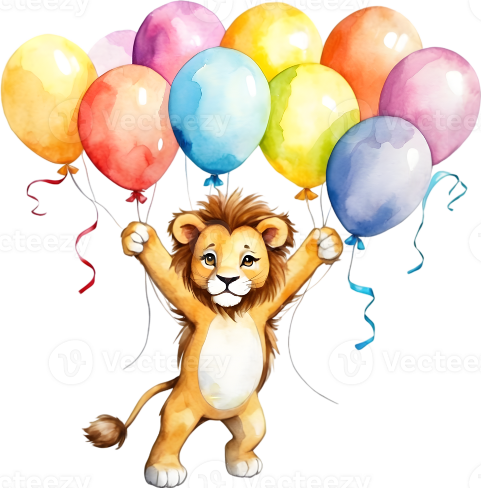 AI generated a cartoon lion holding up balloons on a transparent background png