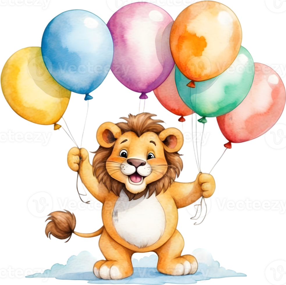 AI generated a cartoon lion holding up balloons on a transparent background png