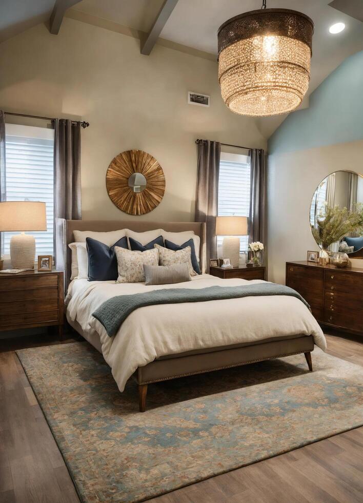AI generated interior of classic bedroom, comfortable king size bed. ai generative photo