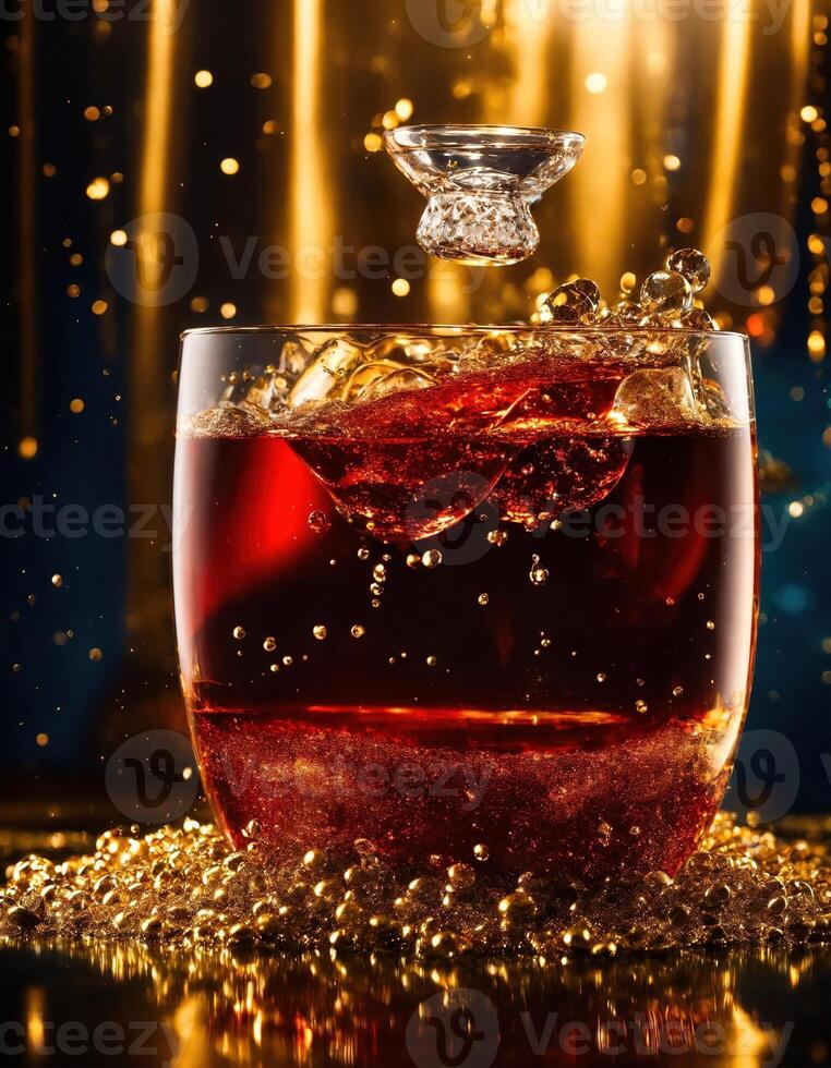 AI generated a glass of whiskey with ice and splashes. Golden sparkles background. ai generative photo