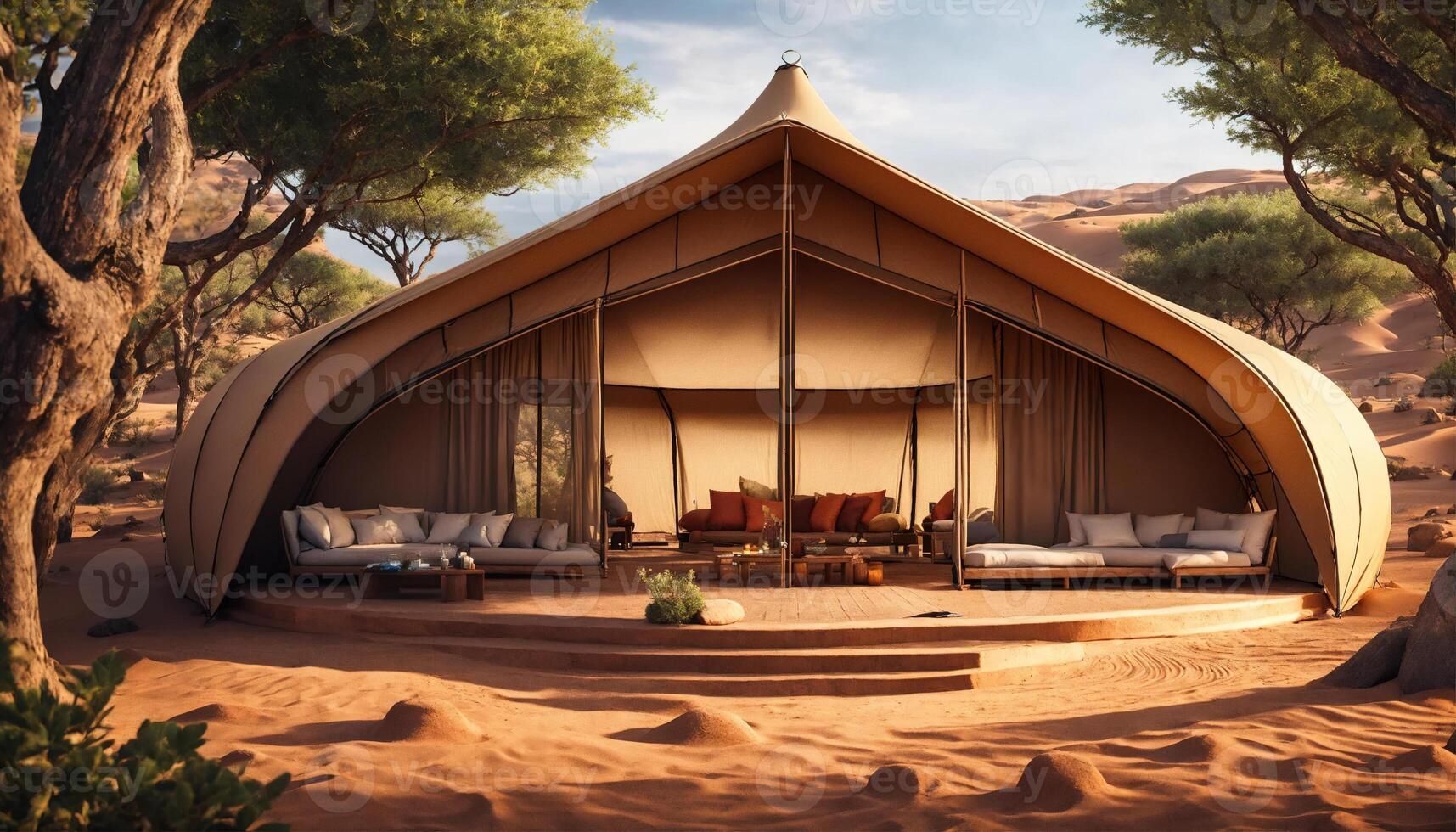 AI generated Camping tent in the desert at sunset. ai generative photo