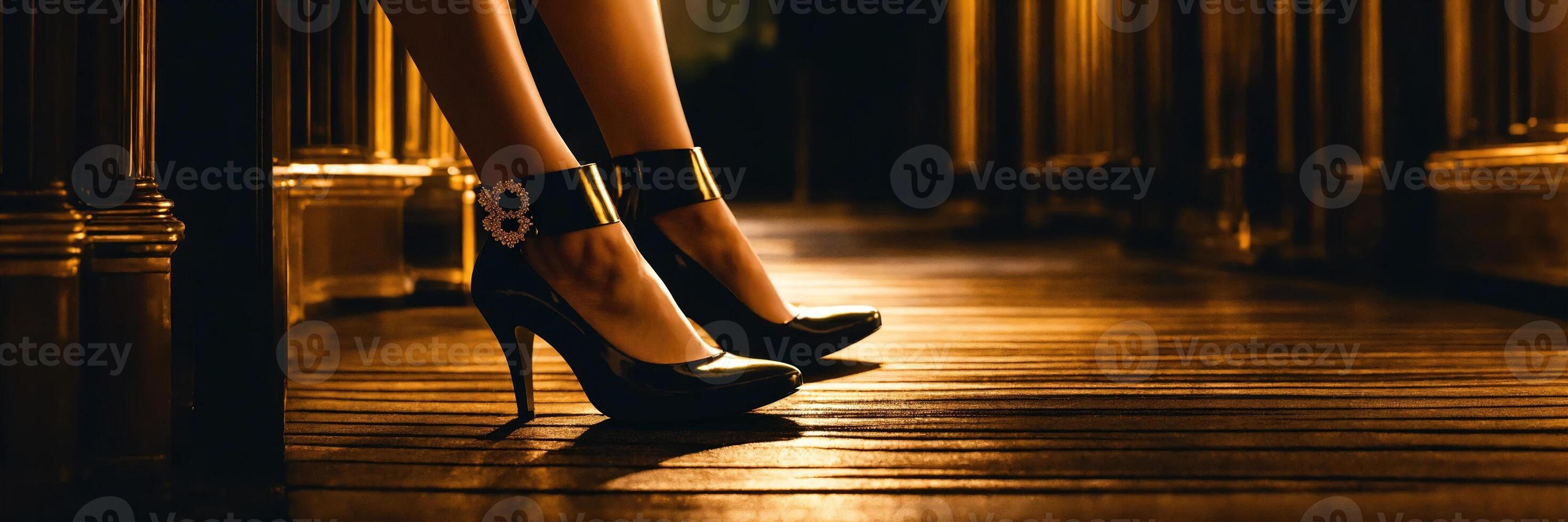 AI generated Legs of a woman in golden high-heeled shoes. ai generative photo