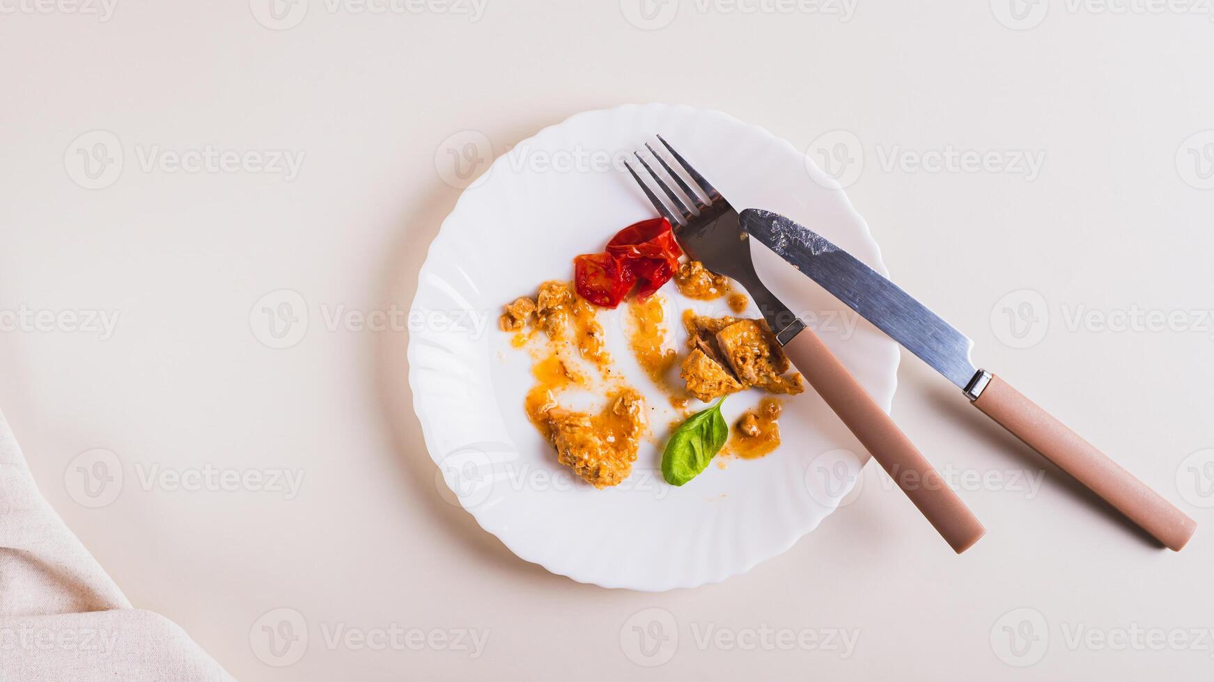 Food waste and cutlery on a dirty plate on the table top view web banner photo