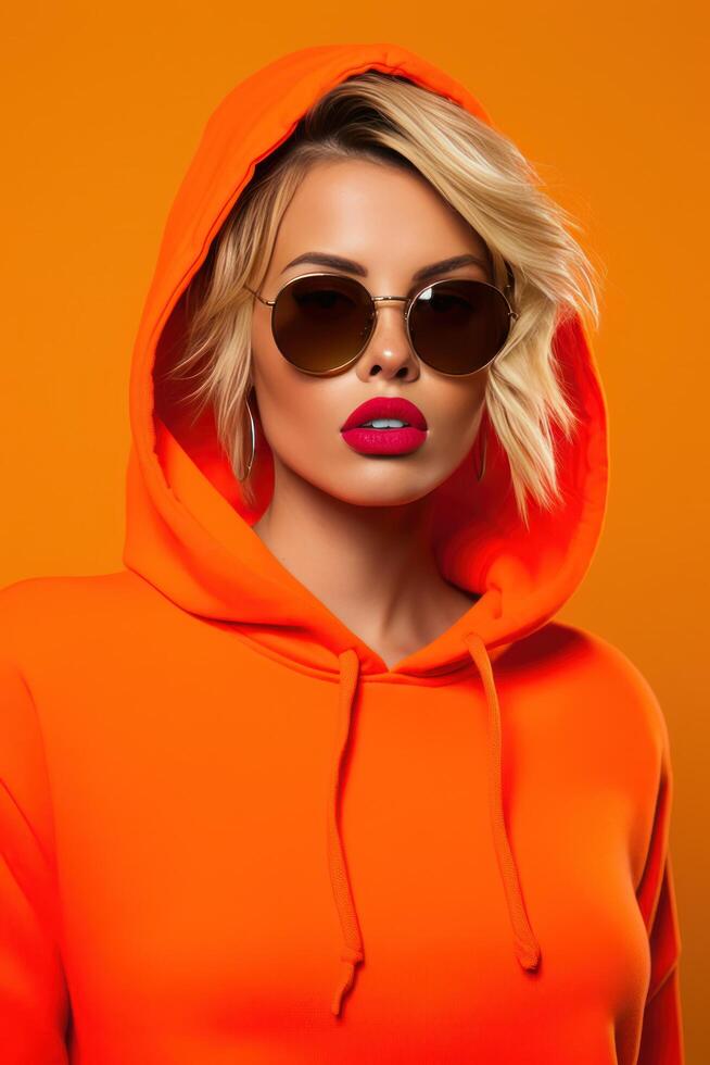 AI generated a young blonde woman radiates confidence as she poses against photo