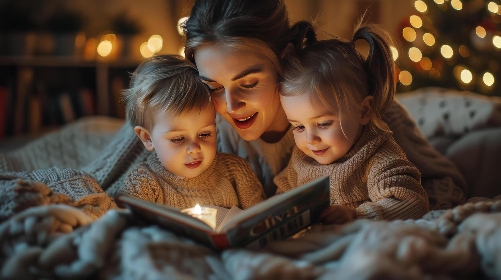 ai generado mujer leyendo libro a dos niños foto