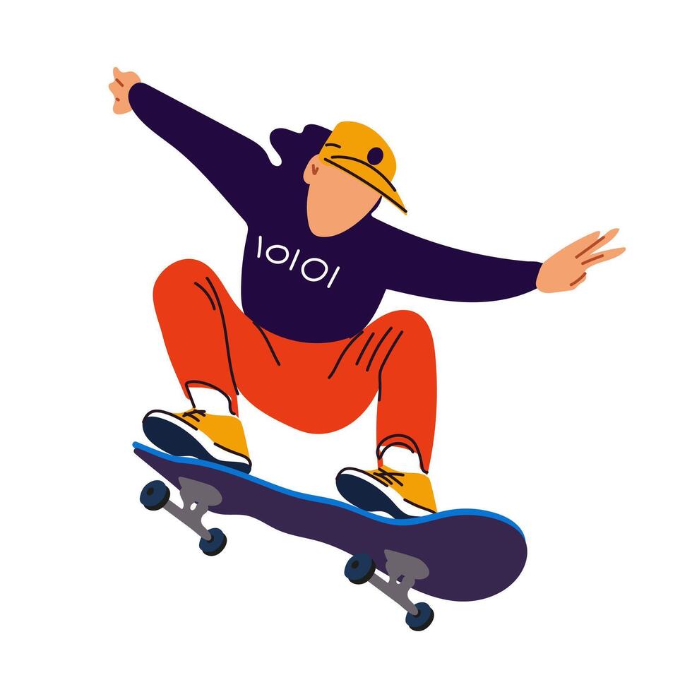 A guy with a skateboard performs a jump on a white background. Poster of the International Skateboarding Day. Banner with bright people for the holiday on June 21. vector