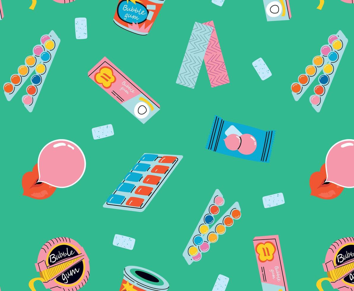 Bubble gum seamless pattern. Chewing candy in stick, pads, bubblegum pack vector illustrations. Background for sweets store packaging.