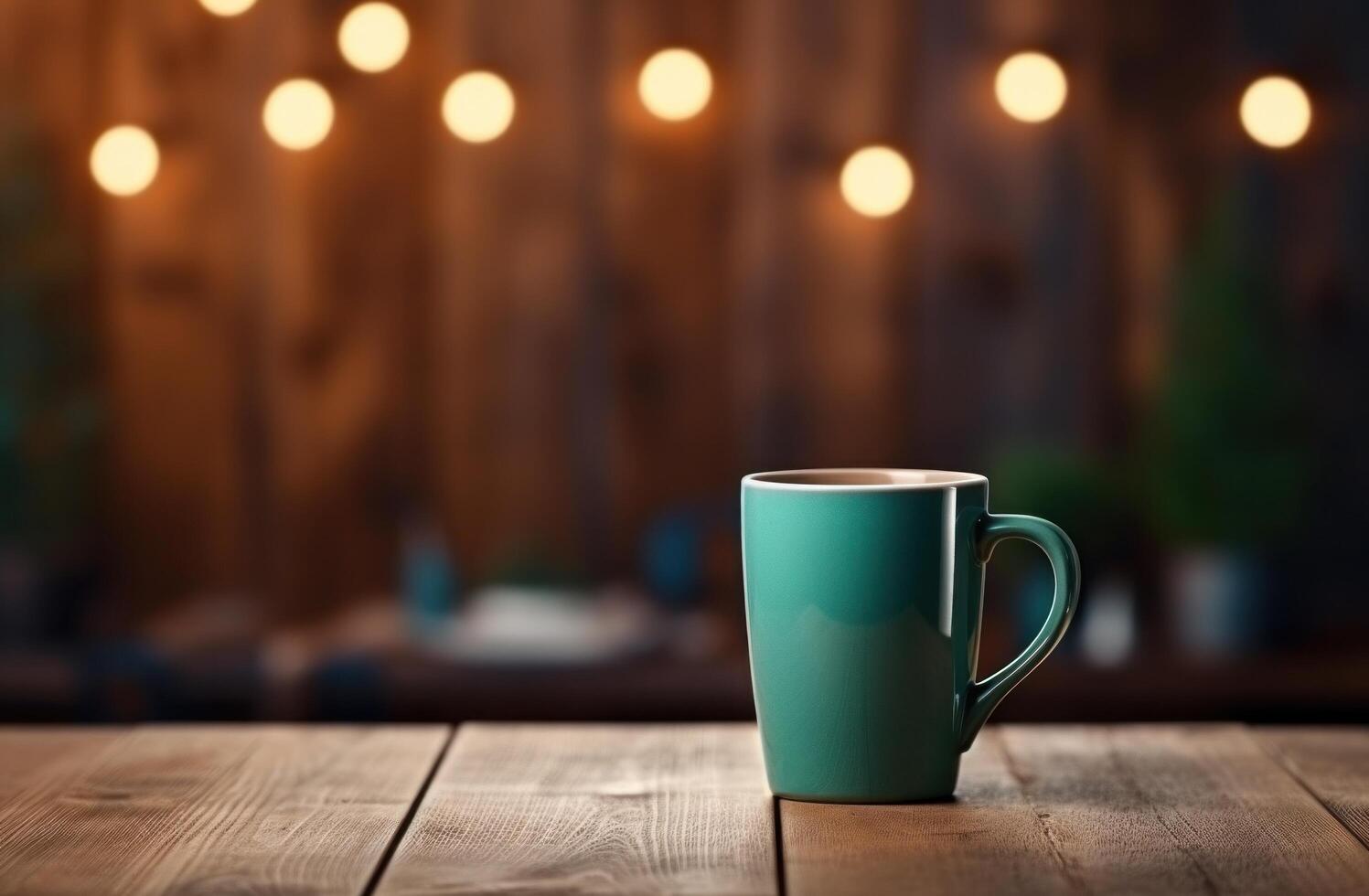 ai generado No logo, No texto, vacío taza de café en de madera mesa sin texto foto