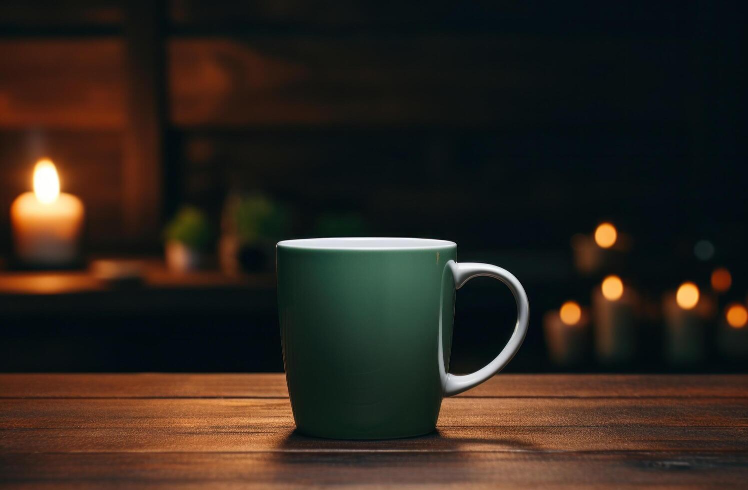 ai generado No logo, No texto, vacío taza de café en de madera mesa sin texto foto