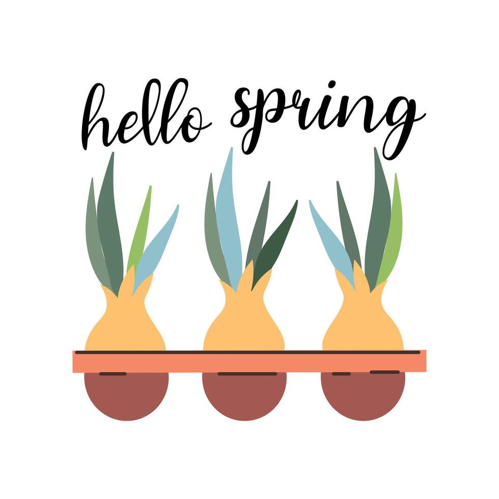 Hello spring quotes. Spring label with season calligraphy quotes, flowers. Positive phrases for stickers, postcards or posters. Vector illustration.