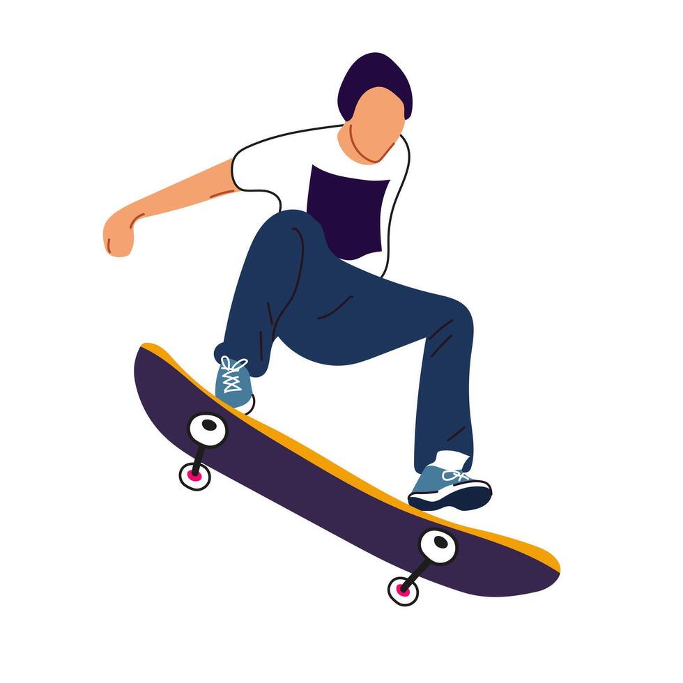 A guy with a skateboard performs a jump on a white background. Poster of the International Skateboarding Day. Banner with bright people for the holiday on June 21. vector