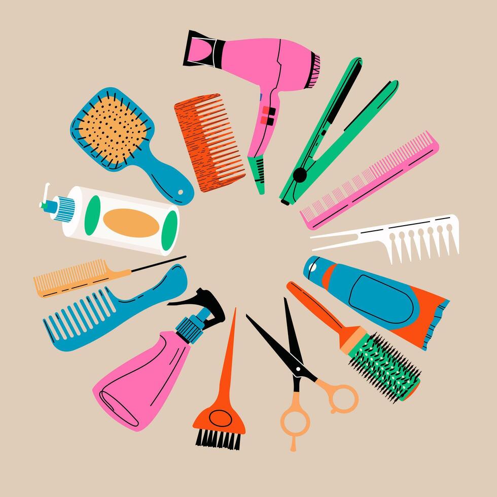 Set of equipment for a hairdresser. Hair dryer, hairbrush, scissors and different professional tools for barbershop. Hand drawn vector illustration.