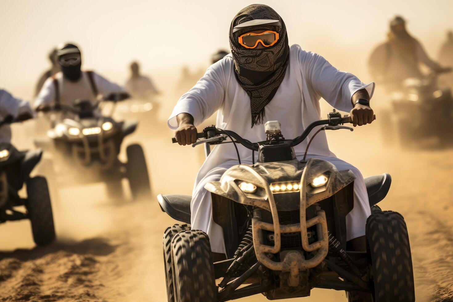 ai generado árabe hombres paseo buggies en el Desierto cerca dubai foto