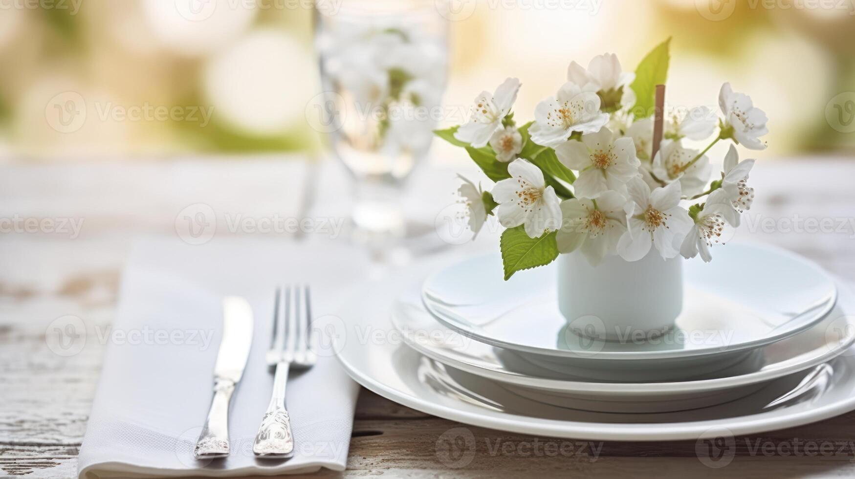 AI generated Celebrating Spring with a Table Setting Framed by White Floral Accents photo