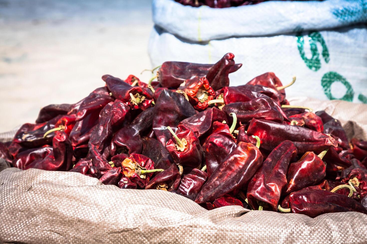 Red paprica in traditional vegetable market in Morocco photo