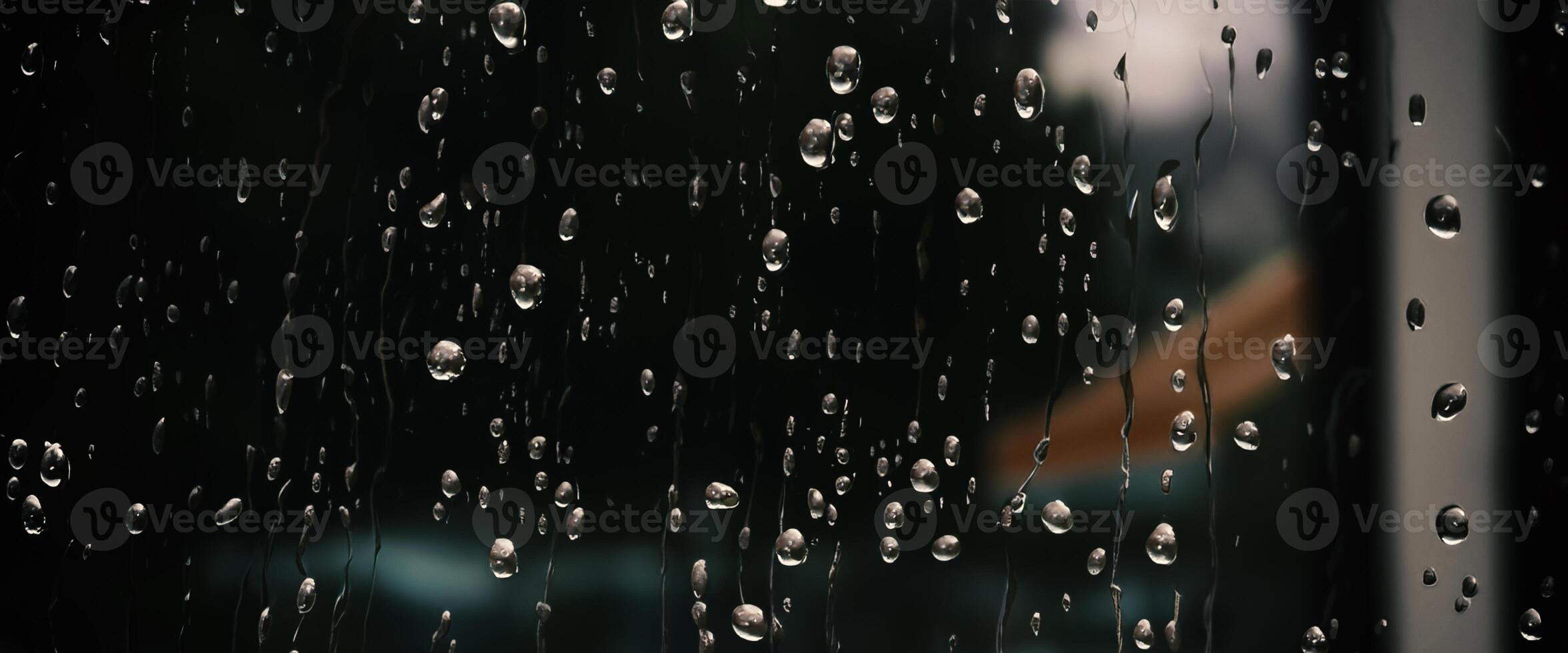 Rain drop on window glass of coffee shop and blurry city life background. Rainy season and blurry people city day life or bokeh night lights outside window. Coffee shop window covered with rain water photo
