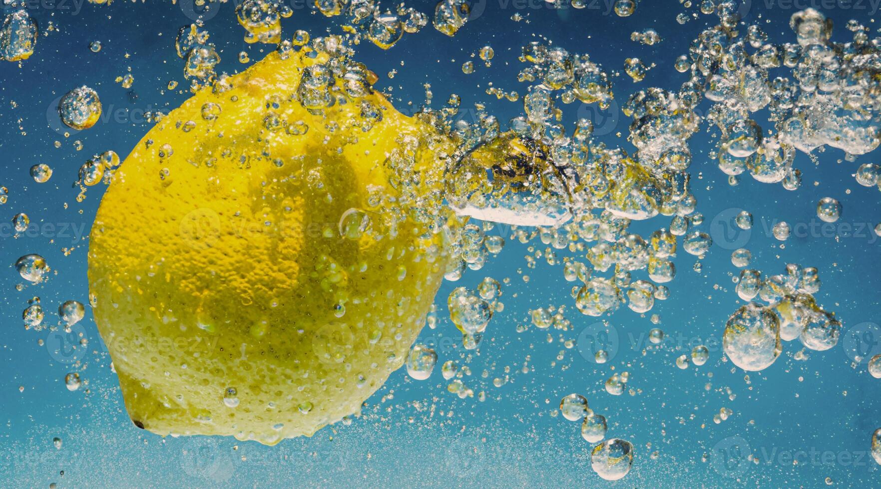 Underwater lemon slice in soda water or lemonade with bubbles. photo