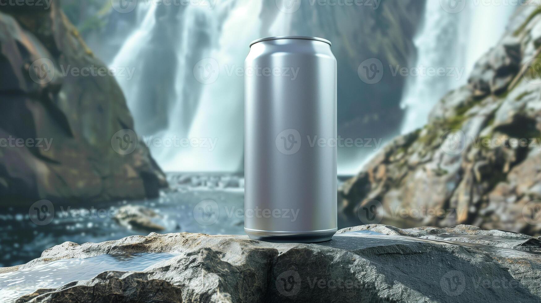 AI generated blank silver energy drink can mock-up, mountain waterfall background photo