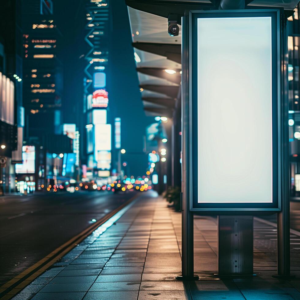 ai generado blanco blanco digital cartelera póster a un autobús detener, Bosquejo para anuncios foto