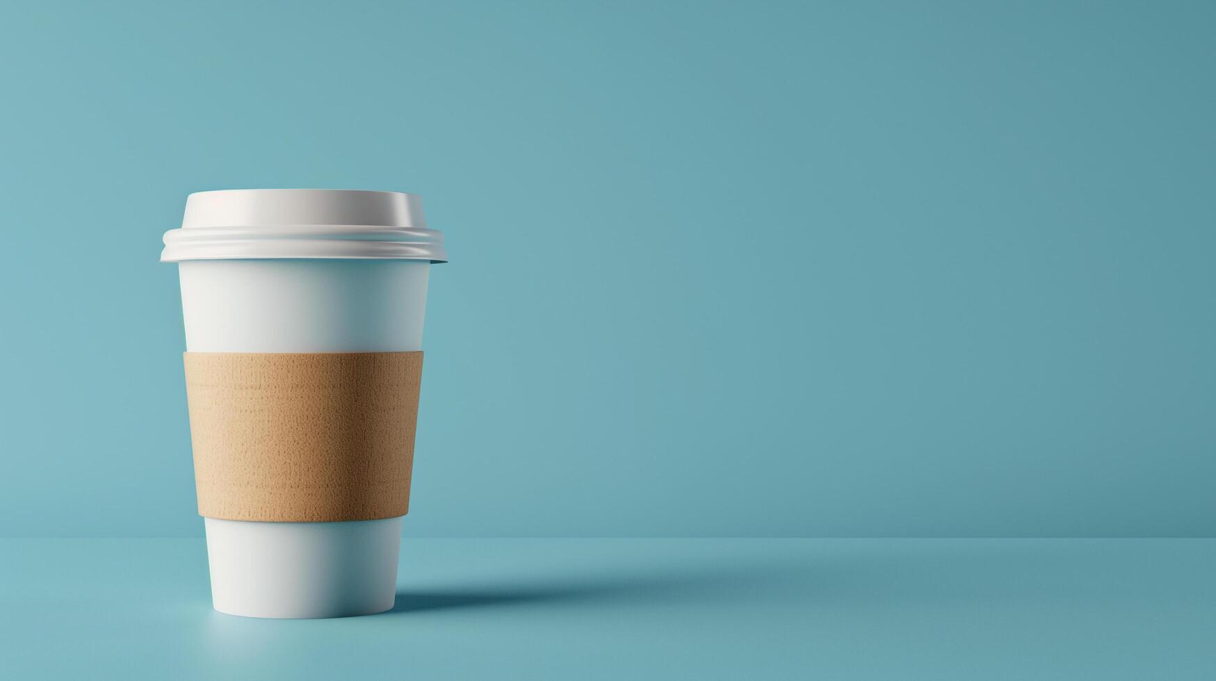 AI generated paper coffee cup on blue background, mock-up, copy space photo