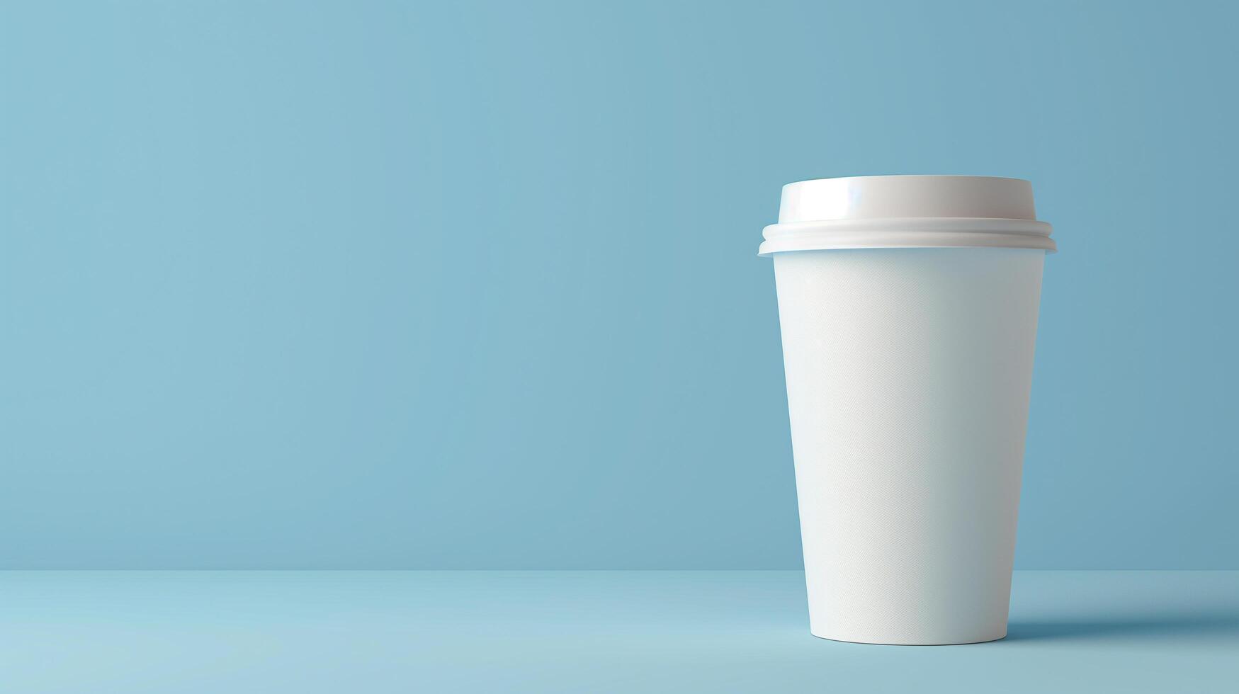AI generated paper coffee cup on blue background, mock-up, copy space photo
