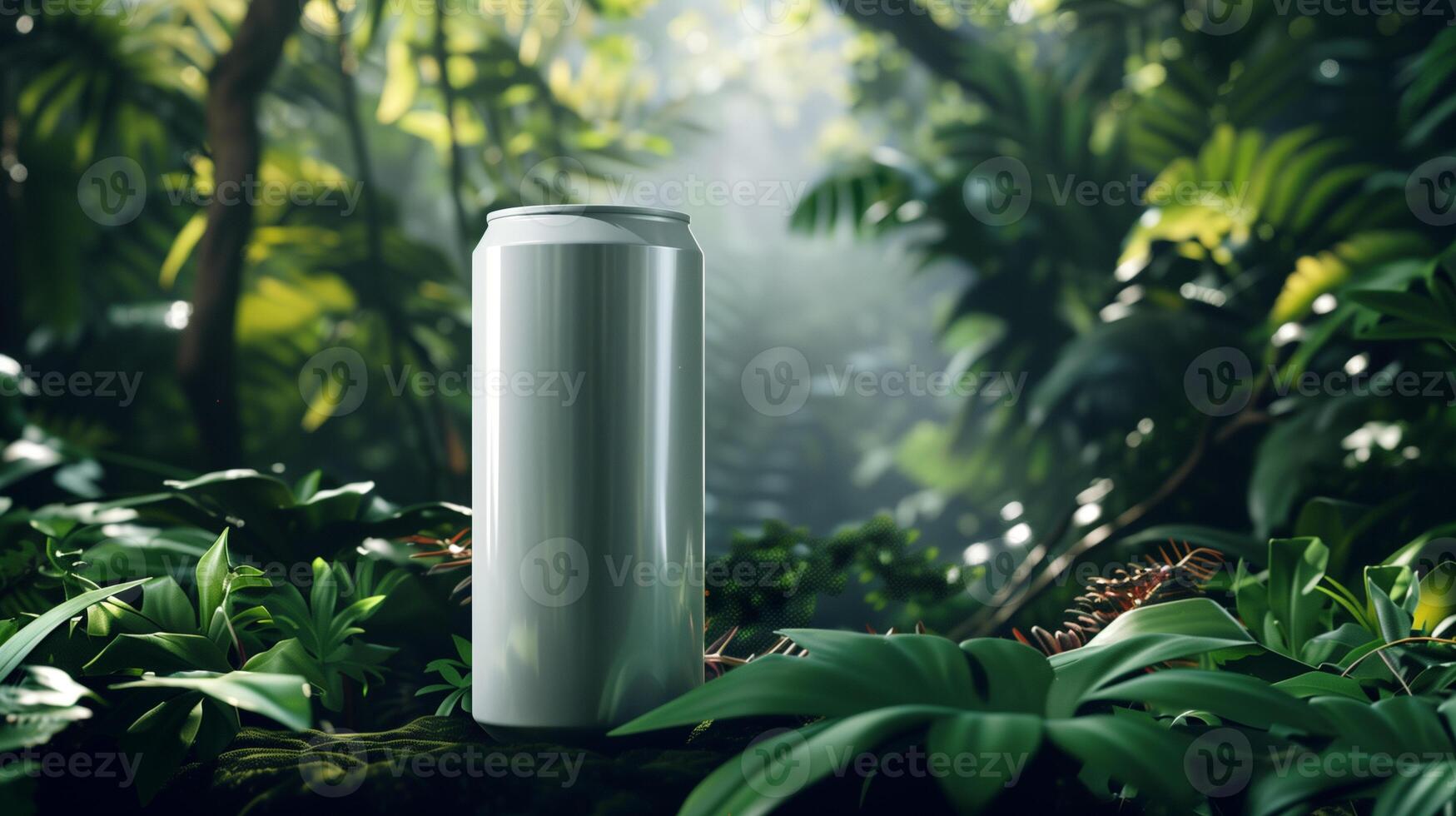 AI generated blank silver energy drink can mock-up, jungle background photo